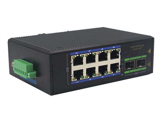 8-Port Industrial Gigabit POE Switch با 2 اسلات SFP DIN-Rail Mount