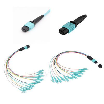 12/24 هسته MPO to LC Harness Fiber Cable MPO Patch Cord، OM3، Aqua