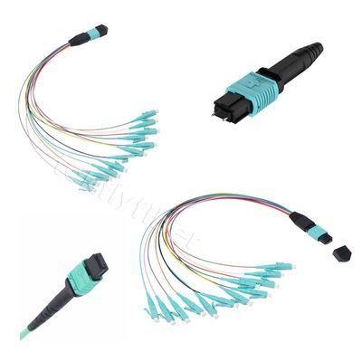 12/24 هسته MPO to LC Harness Fiber Cable MPO Patch Cord، OM3، Aqua