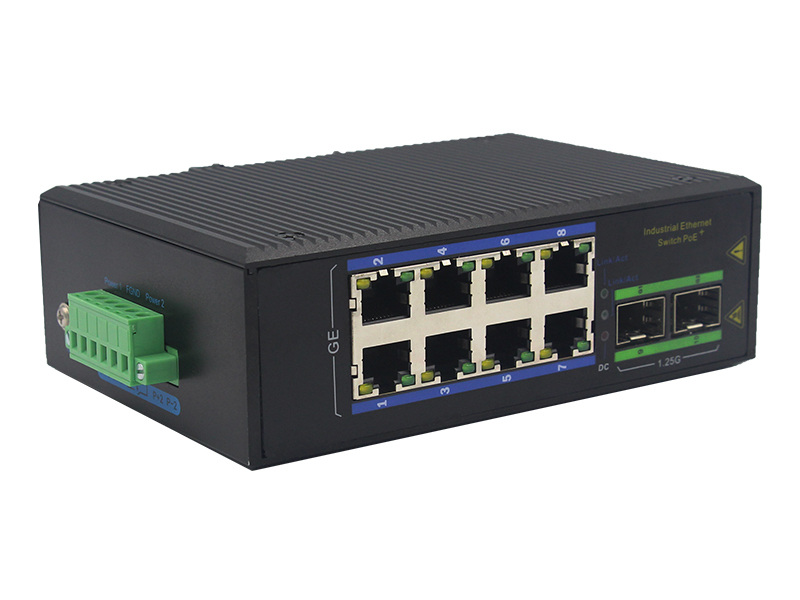 8-Port Industrial Gigabit POE Switch با 2 اسلات SFP DIN-Rail Mount