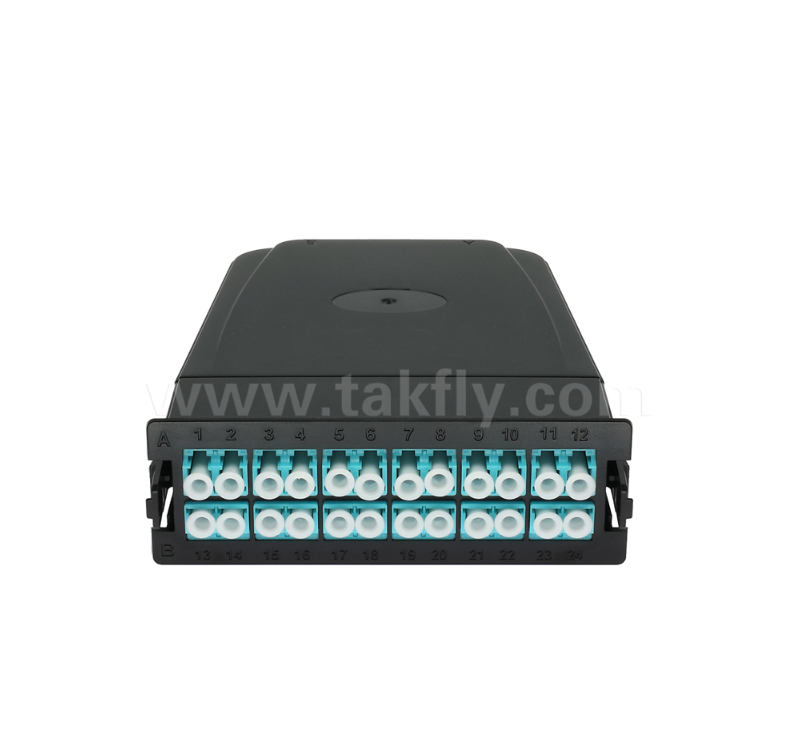 MPO/MTP به LC ماژول کاست از پیش پایان یافته 12-Core یا 24-Core، پانل جلو دوگانه LC، آداپتورهای عقب دوگانه MPO، پلاگ و پلی برای کابل سازی مرکز داده با چگالی بالا